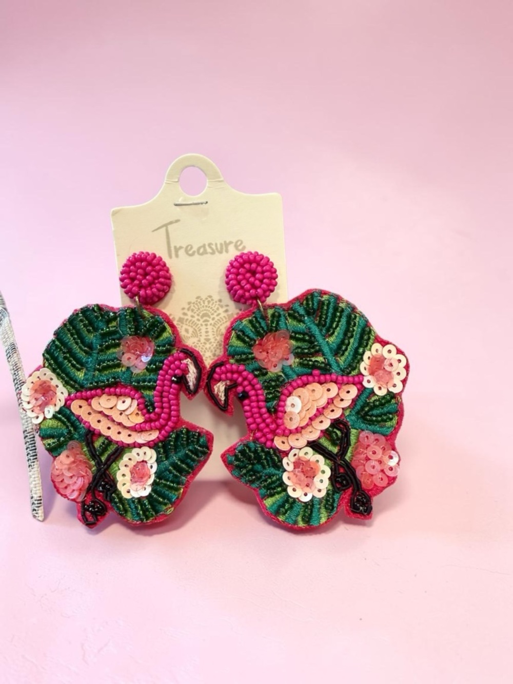 Pink Flamingo Beaded Statement Earrings Handmade